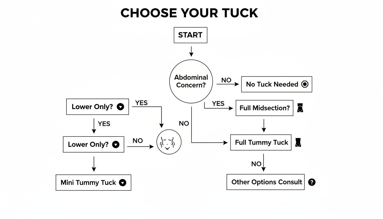 Flowchart illustrating a decision guide for choosing between various tummy tuck procedures.