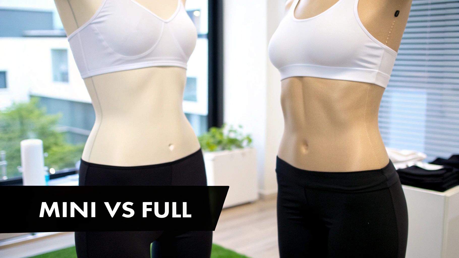 Two mannequins in sports bras and leggings illustrating body contour differences, labeled 'Mini vs Full'.