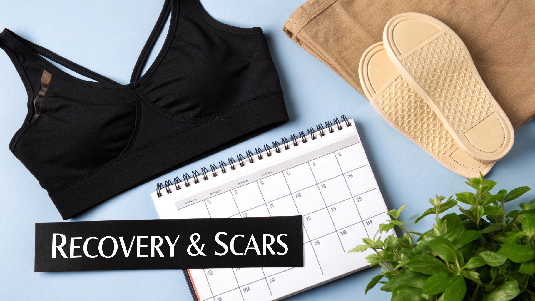 A black bra, calendar, and slippers on a blue background with a 'RECOVERY & SCARS' banner.
