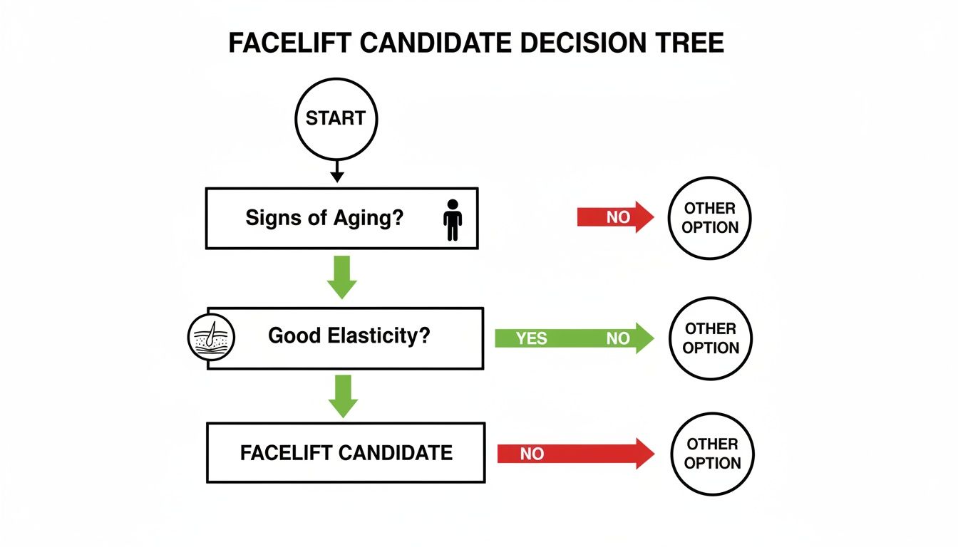 A facelift candidate decision tree flowchart illustrating the steps to determine eligibility for a facelift procedure.