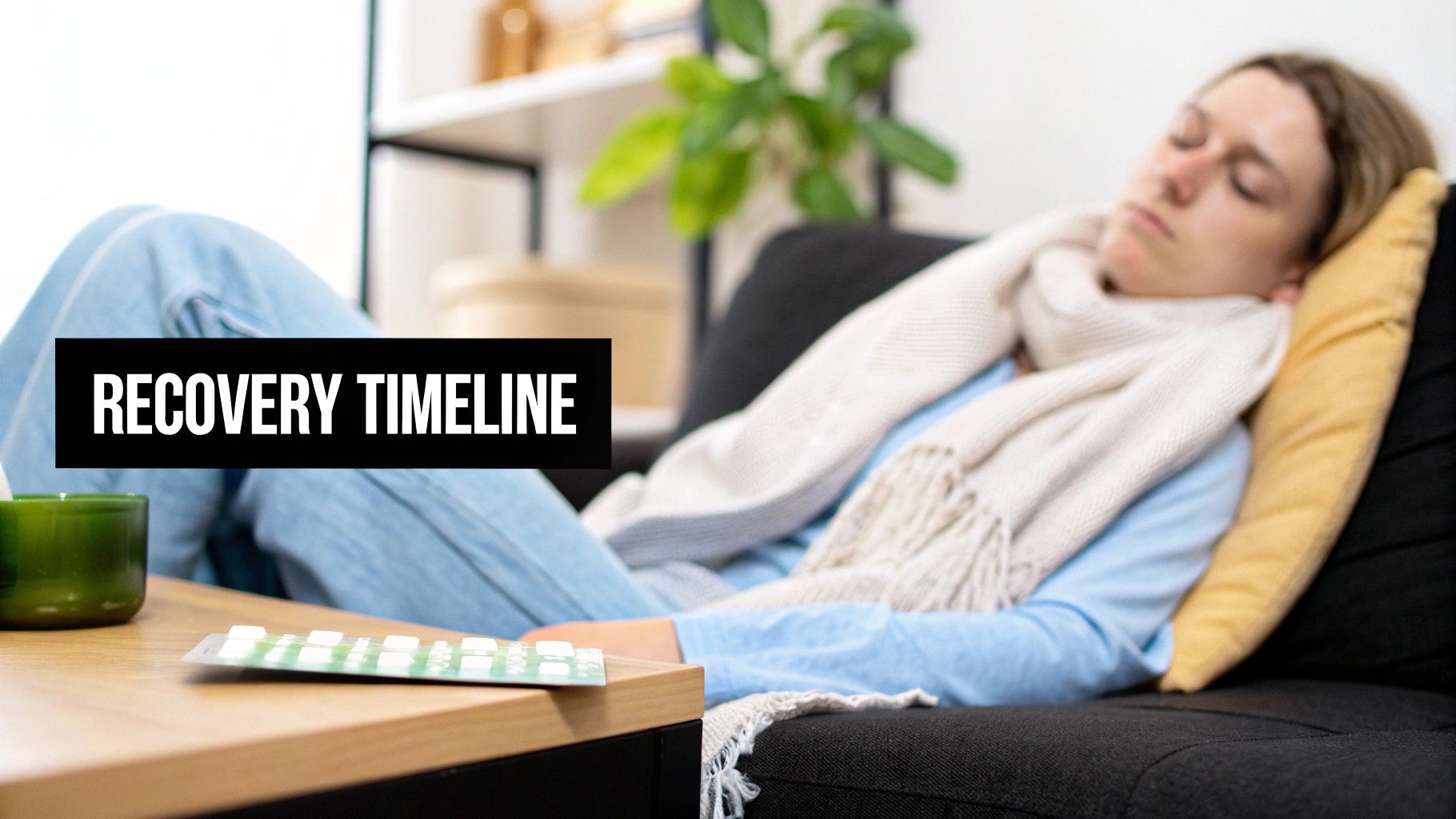 A sick woman rests on a couch with a scarf, pills, and a cup nearby. Text reads 'RECOVERY TIMELINE'.