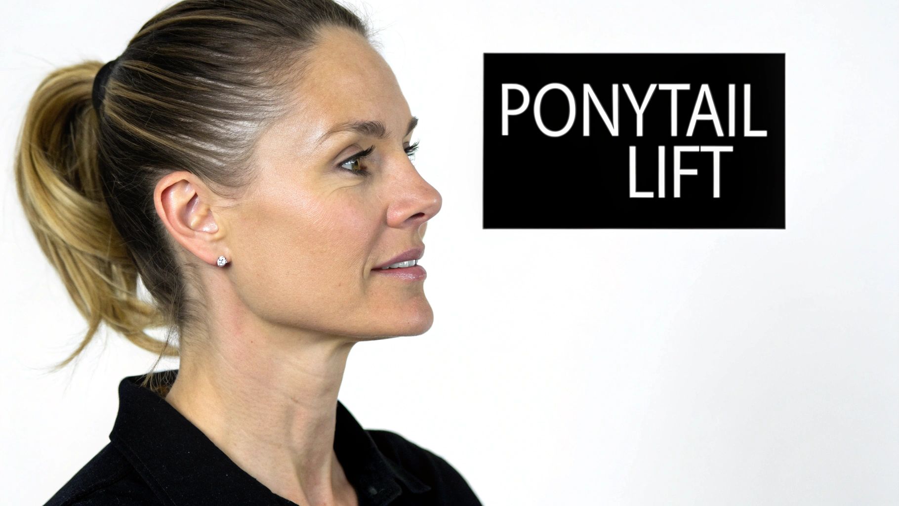 Profile view of a woman with a ponytail next to text 'PONYTAIL LIFT'.