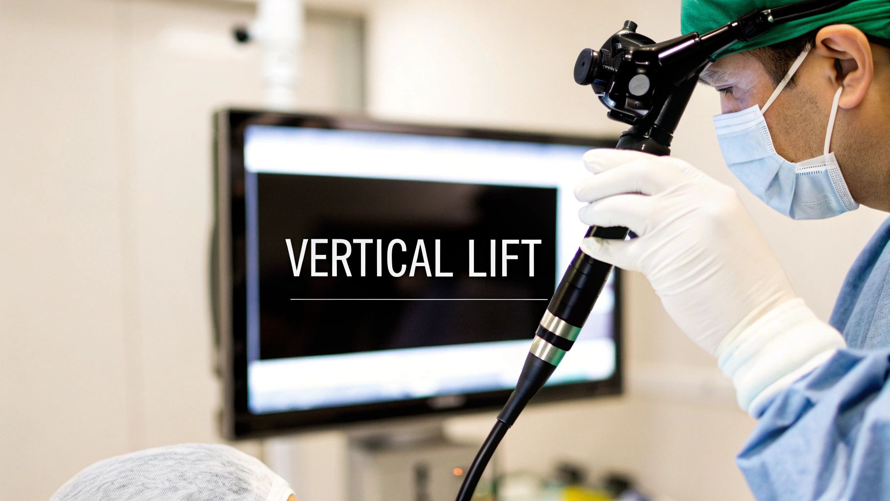 A surgeon in scrubs, mask, and headlamp holds a medical scope, looking at a monitor displaying "VERTICAL LIFT".