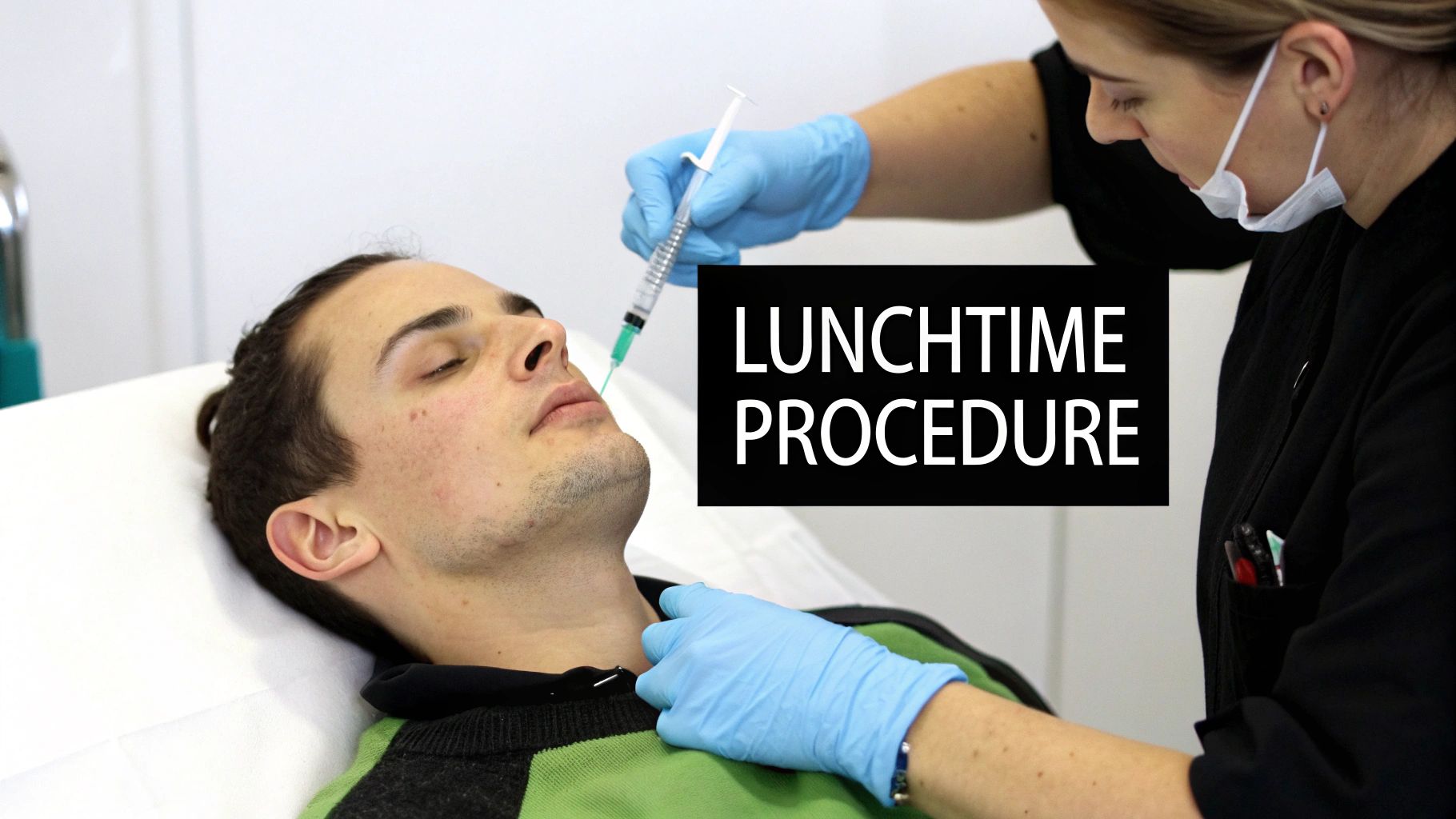 A man lies on a bed while a person in blue gloves performs an injection on his upper lip.