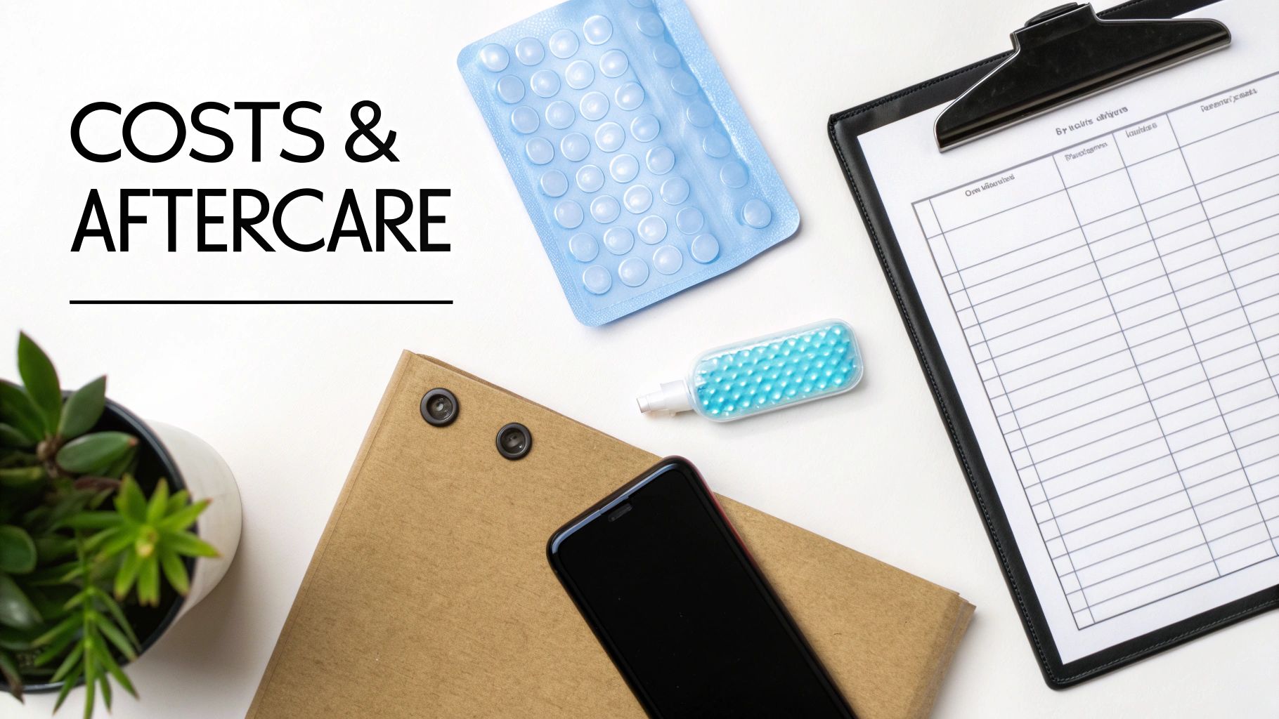 A flat lay of medical aftercare supplies, a clipboard, and a plant with 'COSTS & AFTERCARE' text.