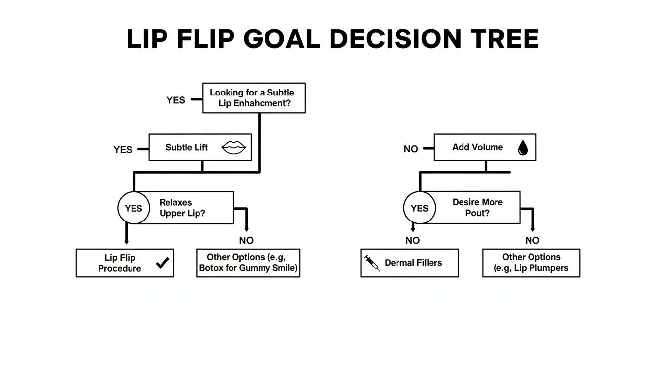 Decision tree for lip enhancement goals, showing pathways for subtle lift (Lip Flip) versus adding volume (Dermal Fillers).