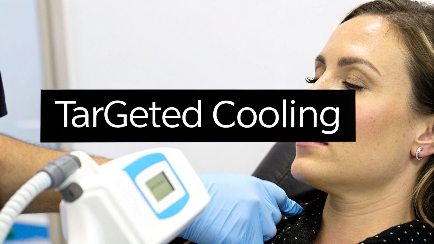 A person in blue gloves applies a targeted cooling device to a woman's jawline and neck.