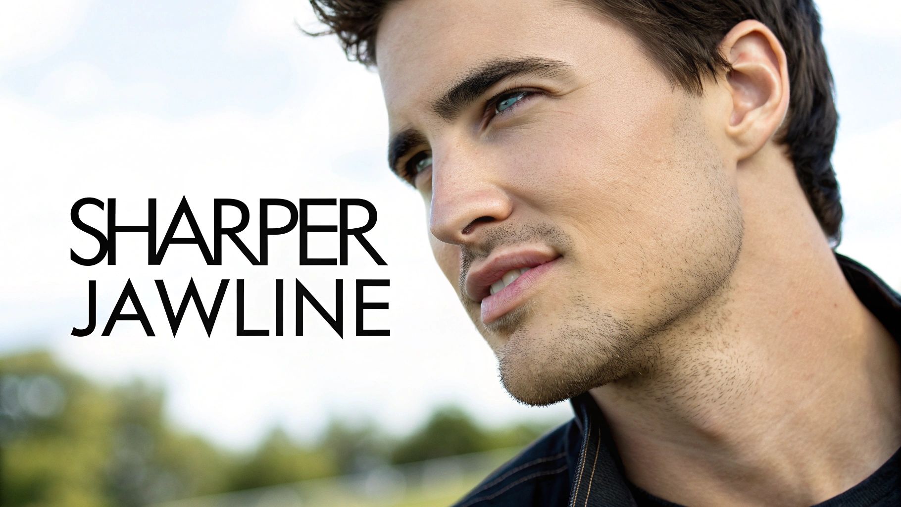 A close-up of a man's face, showcasing a defined jawline, with the text 'Sharper Jawline'.