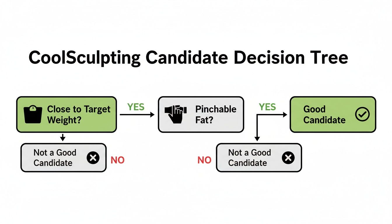 Flowchart outlining CoolSculpting candidate criteria: close to target weight and pinchable fat.
