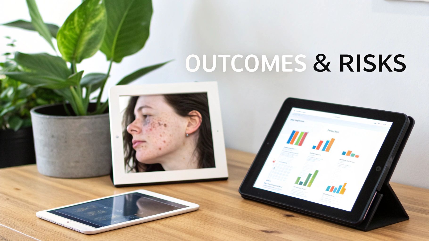 A desk with two tablets, a digital photo frame, and the text 'OUTCOMES & RISKS'.