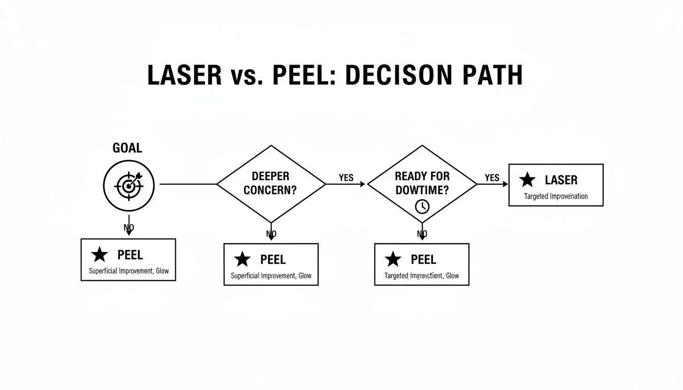 Flowchart illustrating the decision path between laser and chemical peel treatments based on concern and downtime.