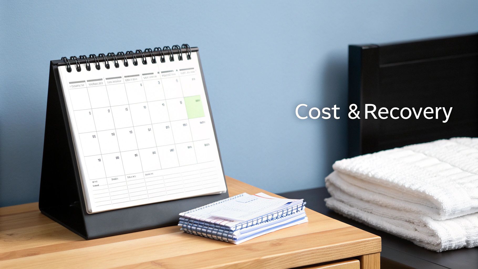 A desk calendar, notebooks, and folded towels with 'Cost & Recovery' text overlay, suggesting financial planning.
