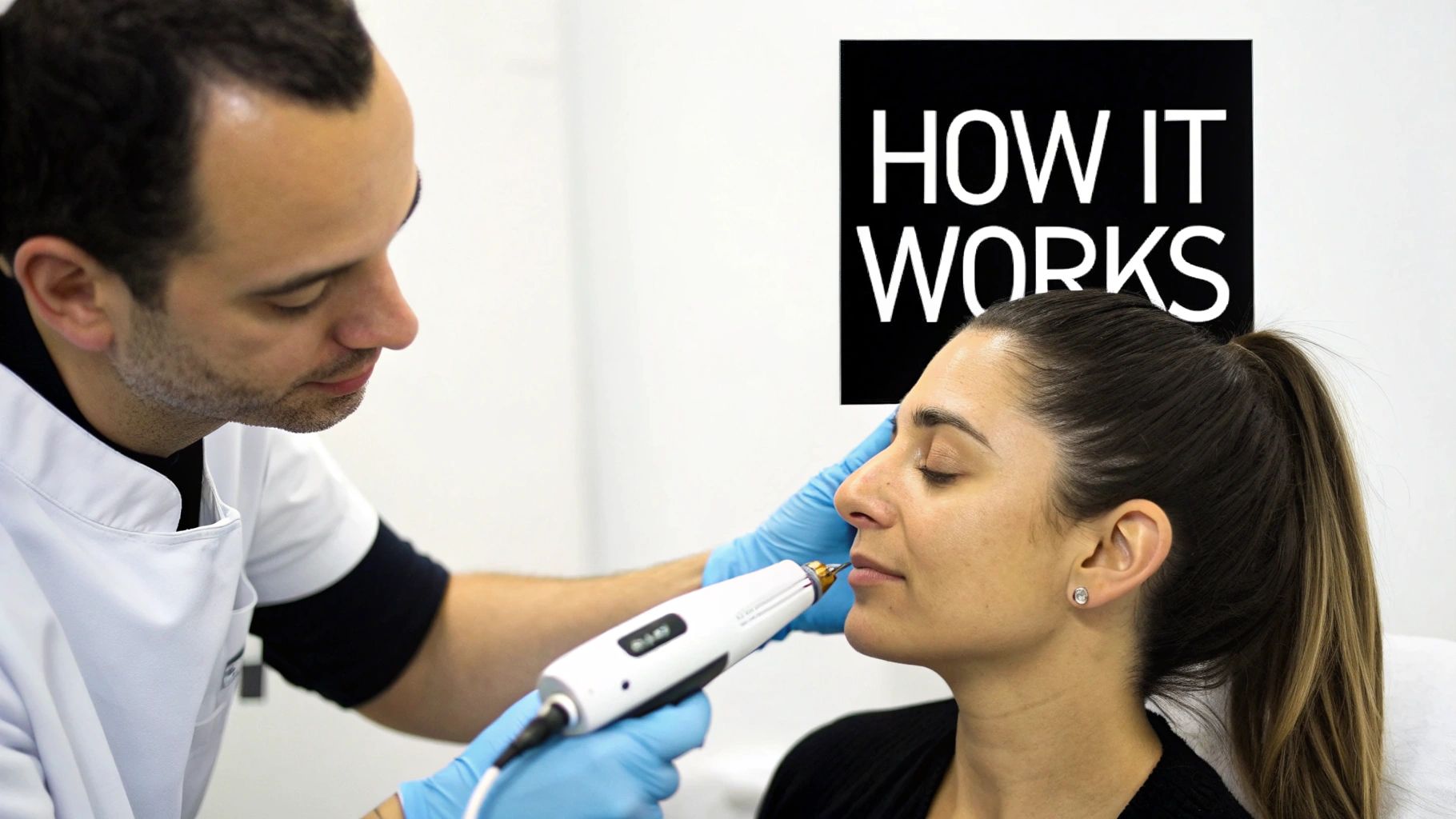 A professional in blue gloves performs a cosmetic facial treatment on a woman using a specialized device.