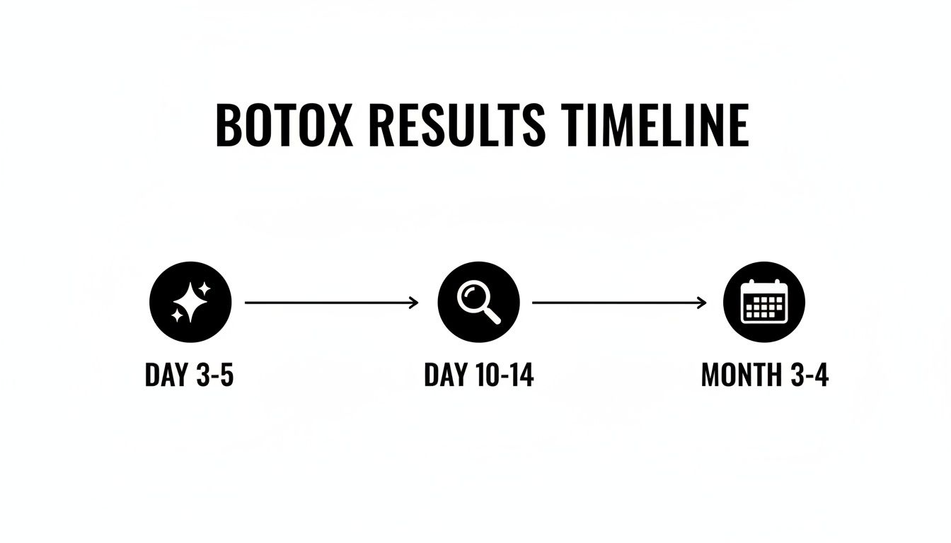 Botox results timeline showing effects from day 3-5, full results by day 10-14, lasting 3-4 months.