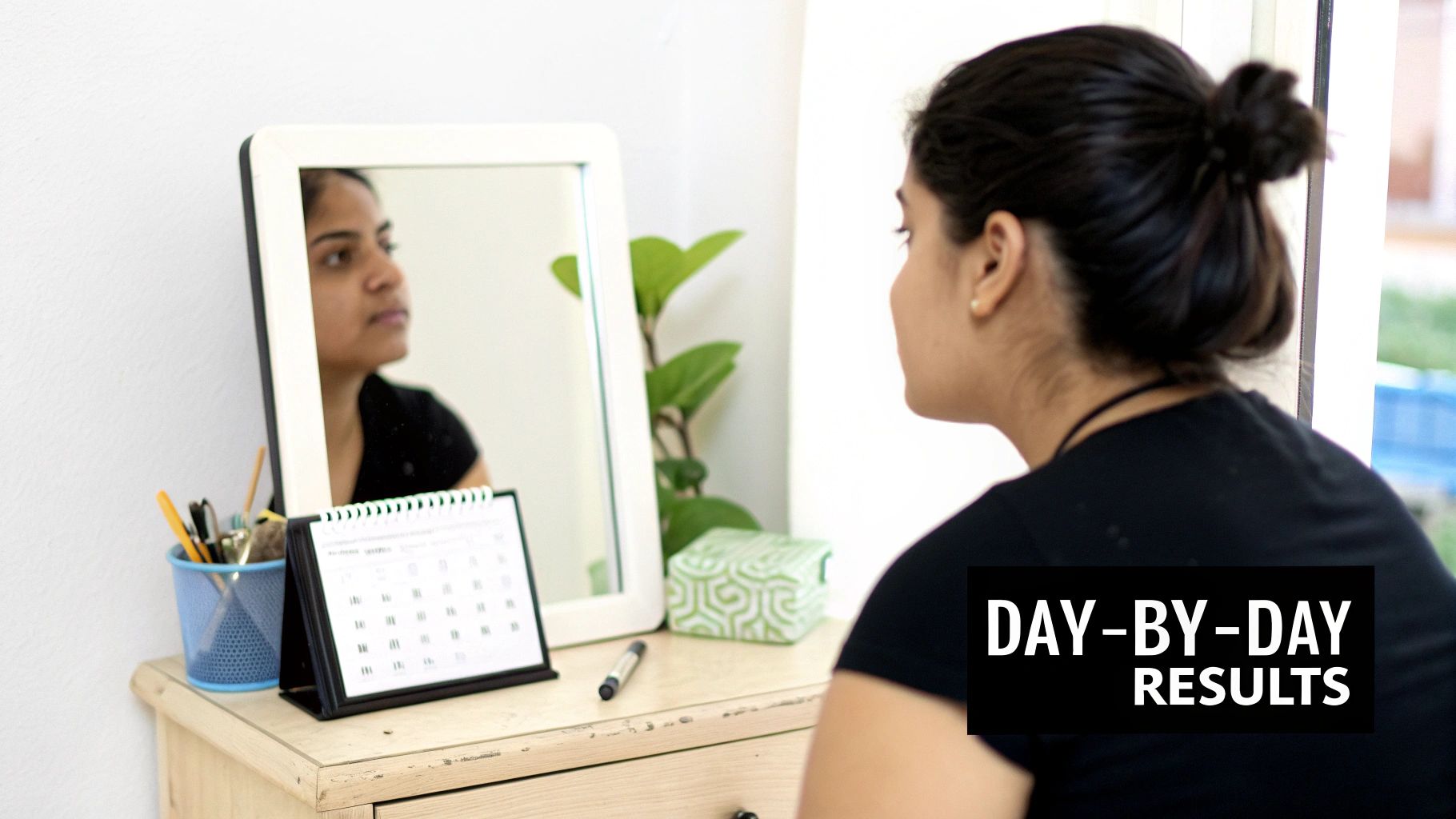 Woman looks into a mirror on a dresser next to a calendar, showing 'DAY-BY-DAY RESULTS'.