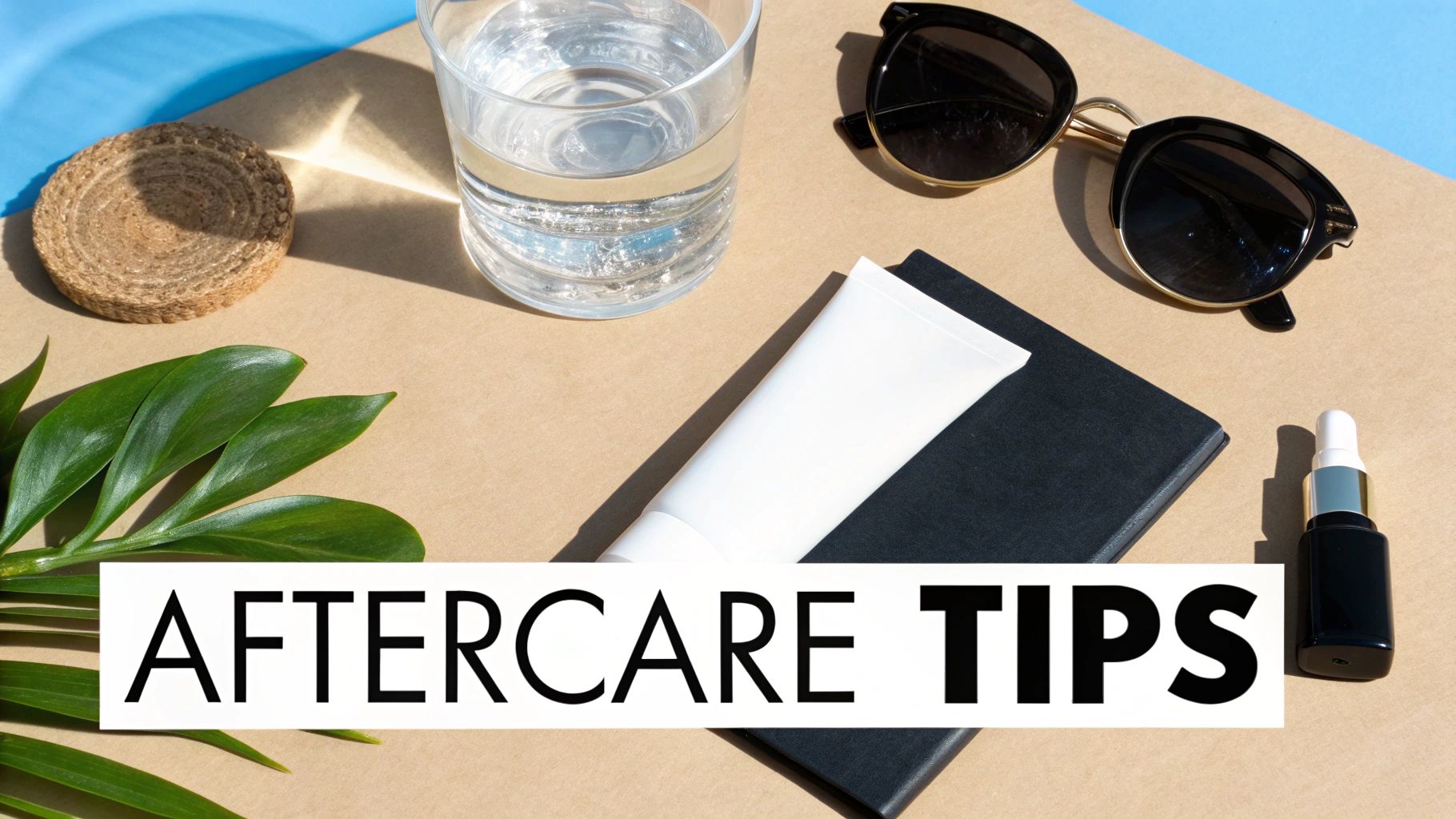 A flat lay of skincare products, water, sunglasses, and plants with 'AFTERCARE TIPS' text.
