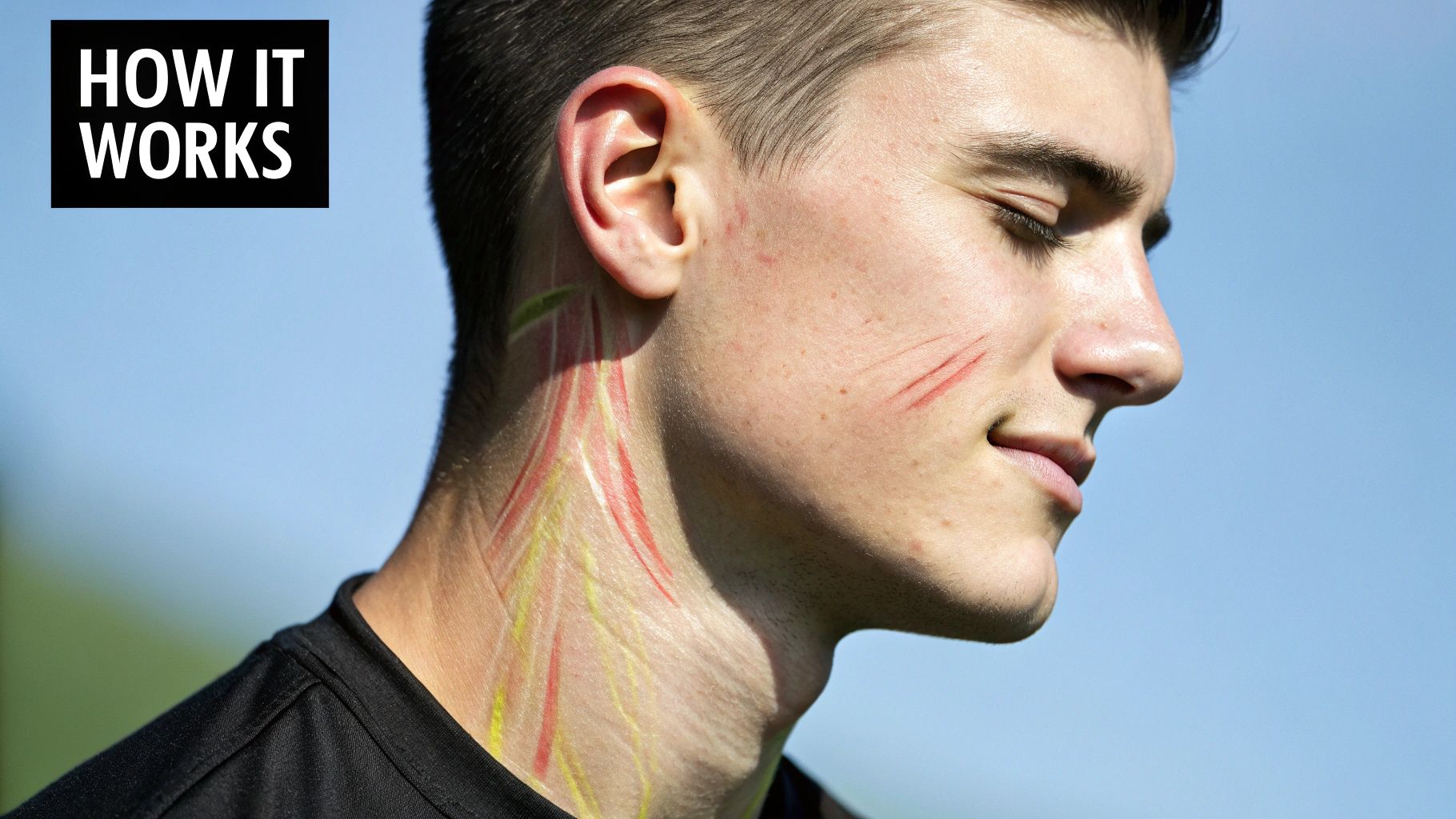 Close-up profile of a person with anatomical markings on their neck and red lines on their cheek, with "HOW IT WORKS" text.