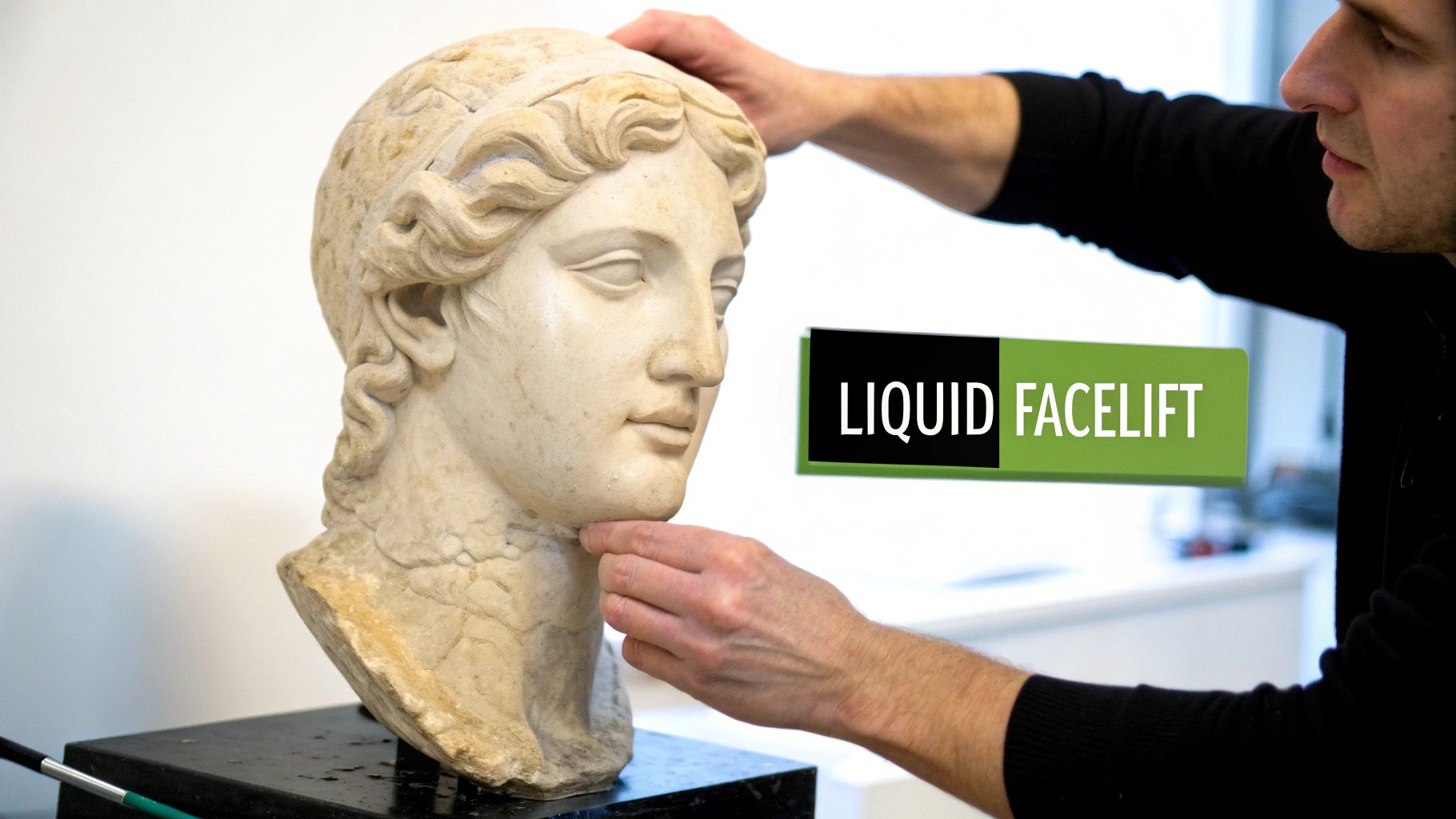 A man's hands gently touch a classical marble bust, with 'LIQUID FACELIFT' text overlay.