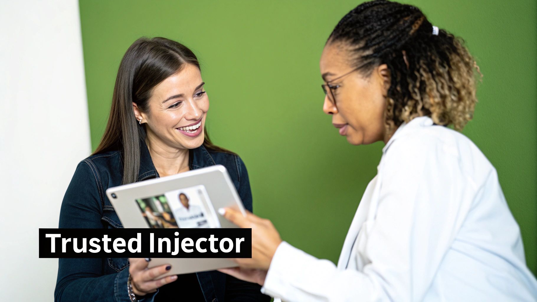 A patient and a medical professional smiling and discussing information on a digital tablet.