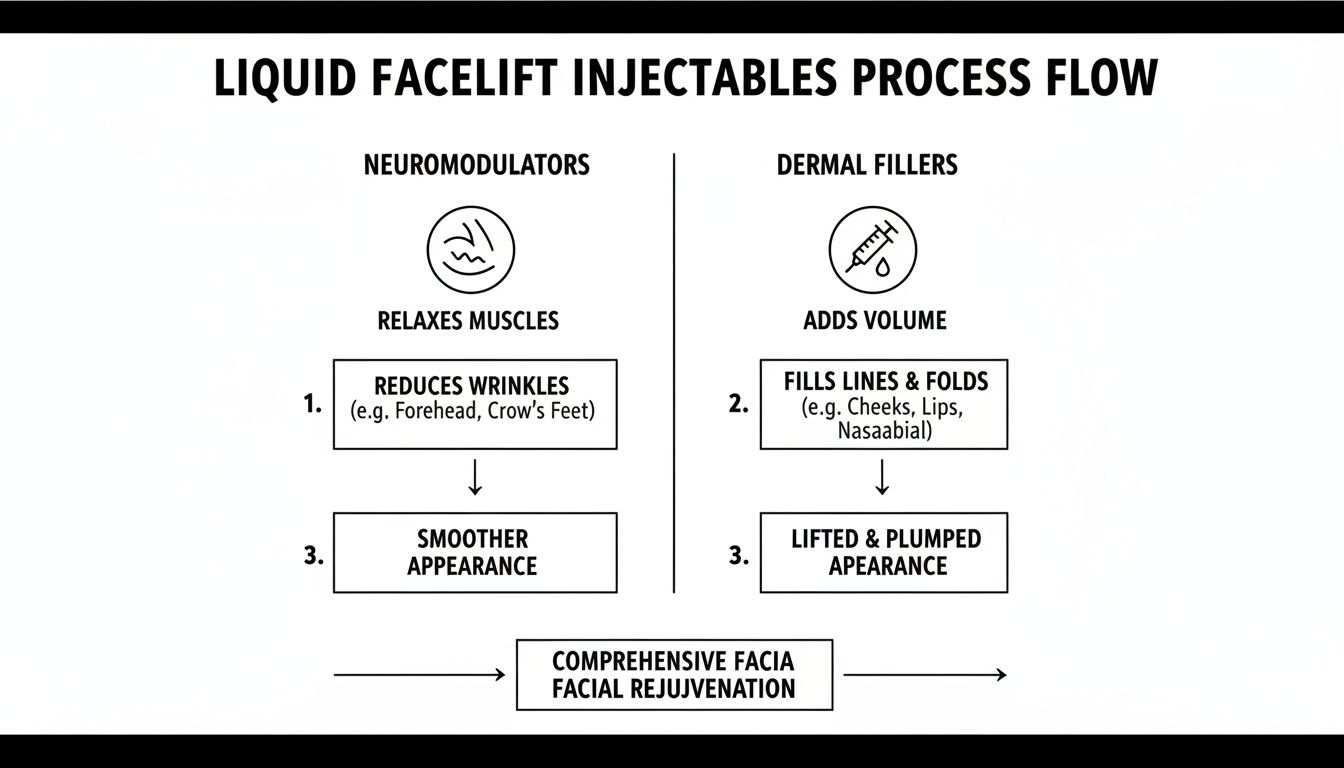 Flowchart explaining liquid facelift injectables: neuromodulators for wrinkles and fillers for volume, resulting in facial rejuvenation.