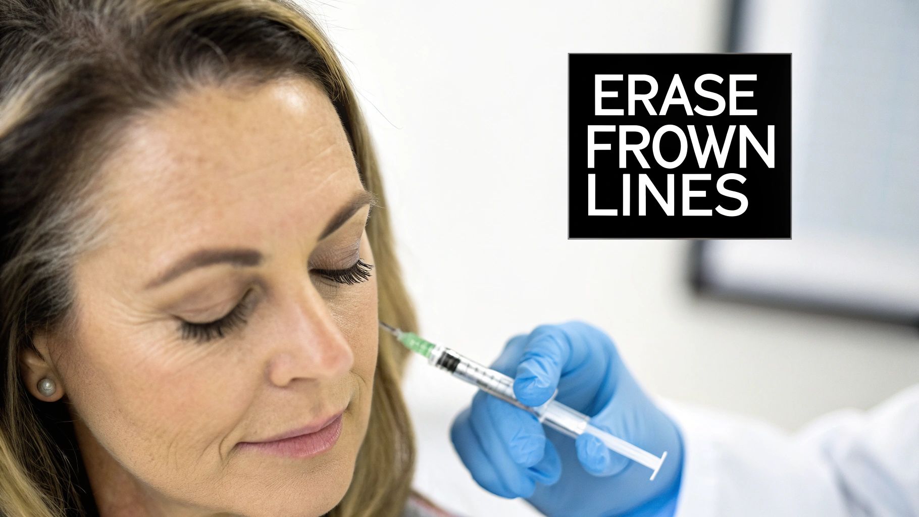 A woman receives an anti-aging injection near her eye from a gloved hand to erase frown lines.