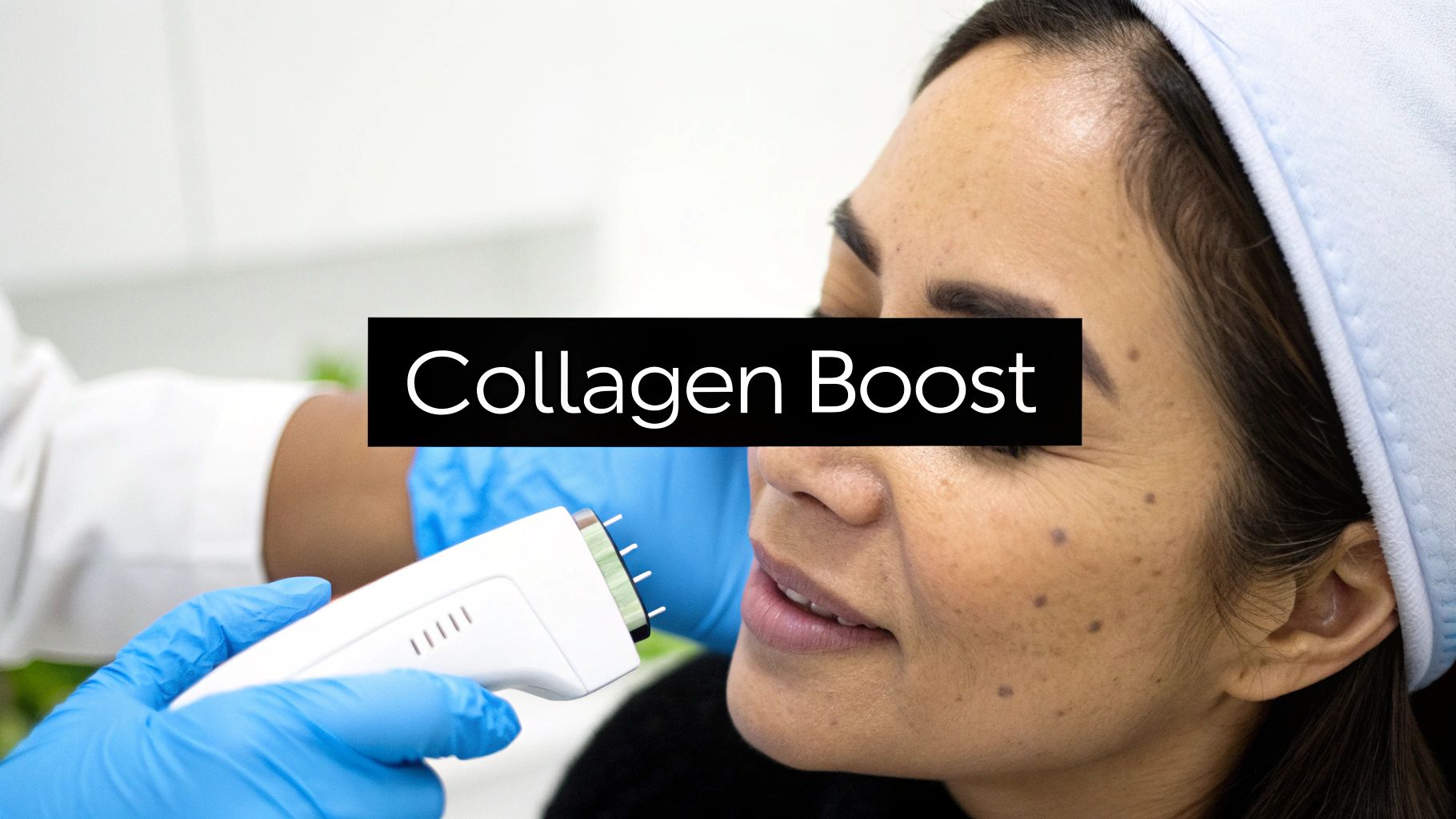 A close-up of a person receiving a 'Collagen Boost' facial treatment with a device held by a gloved hand.