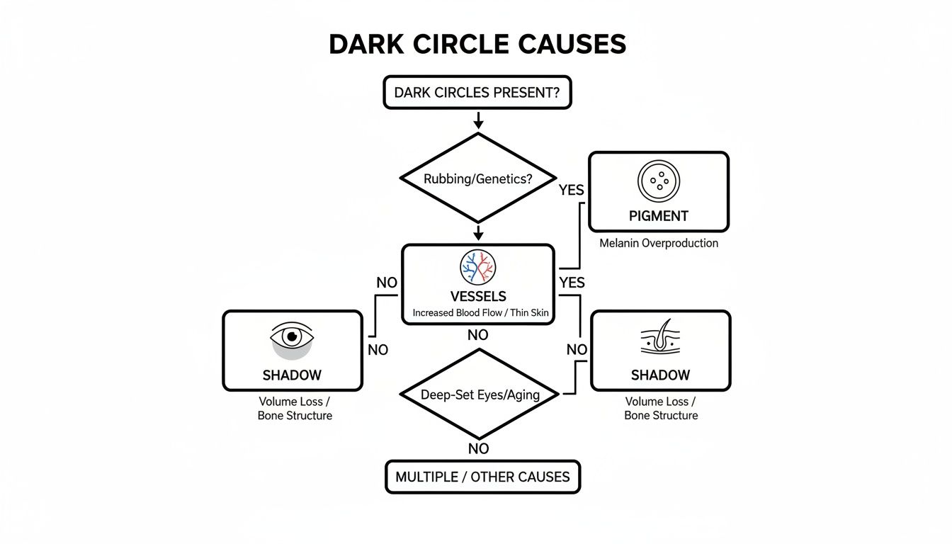 A flowchart explaining the various causes of dark circles, including pigment, vessels, and shadow.