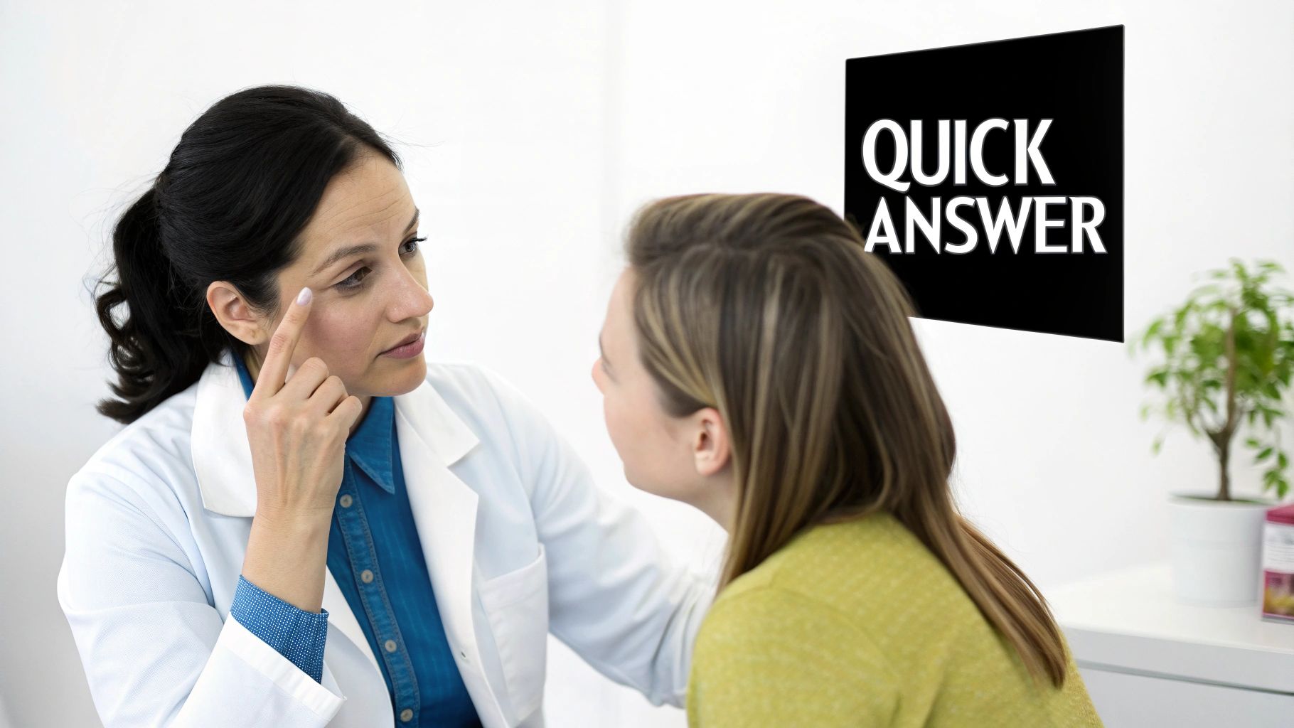 A doctor examines a patient's eye area in a clinic, with a 'QUICK ANSWER' sign on the wall.