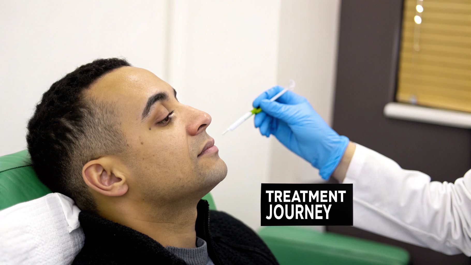 A man lies on a chair, receiving a facial treatment with a syringe-like device from a gloved hand.