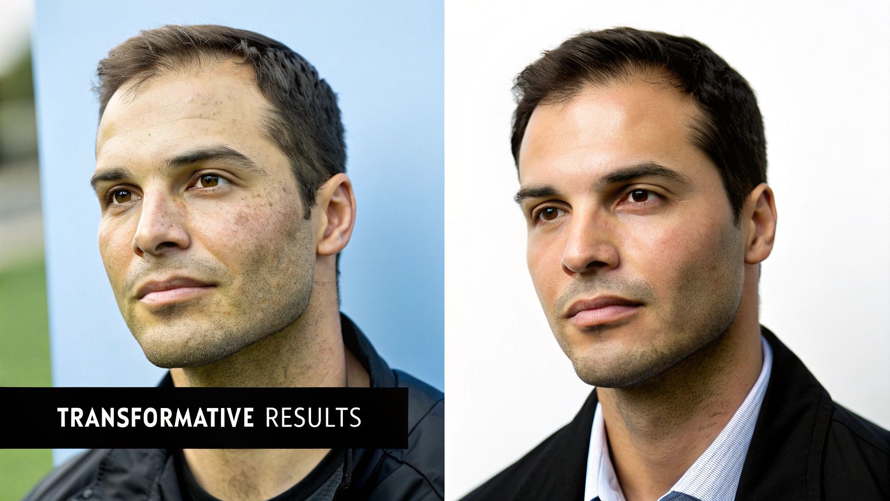 Before and after comparison of a man's face showing significant skin transformation results.