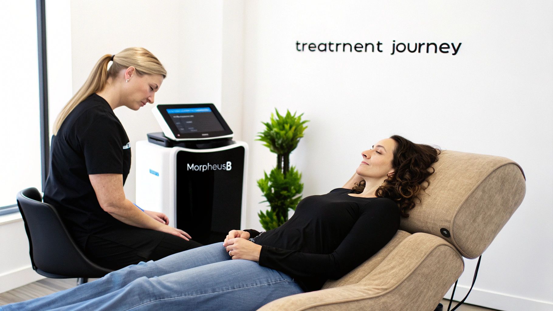A technician operates a Morpheus8 device while a relaxed patient lies in a recliner during a treatment.
