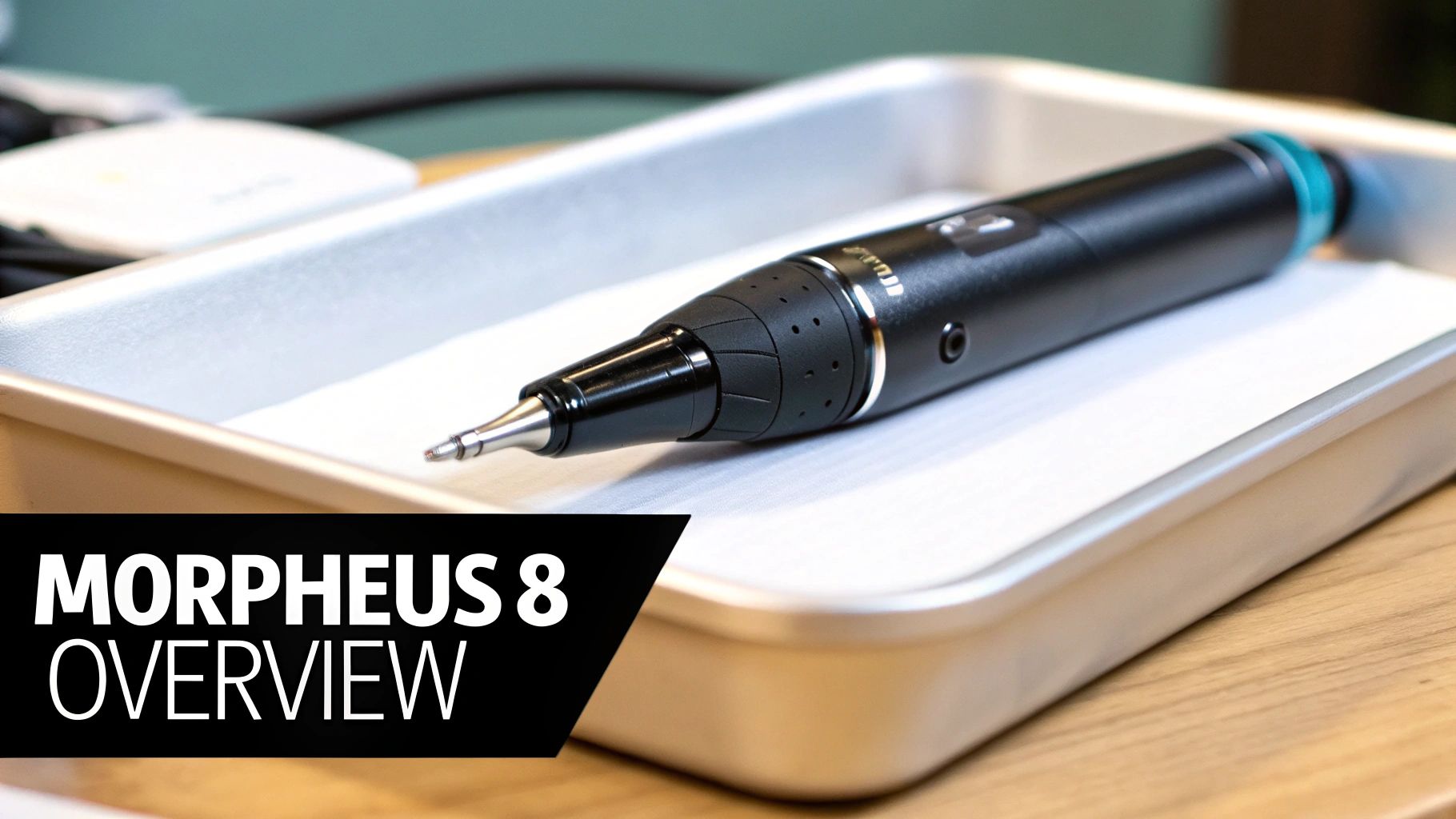 A black Morpheus8 device, a pen-like instrument with a metallic tip, resting in a sterile tray.