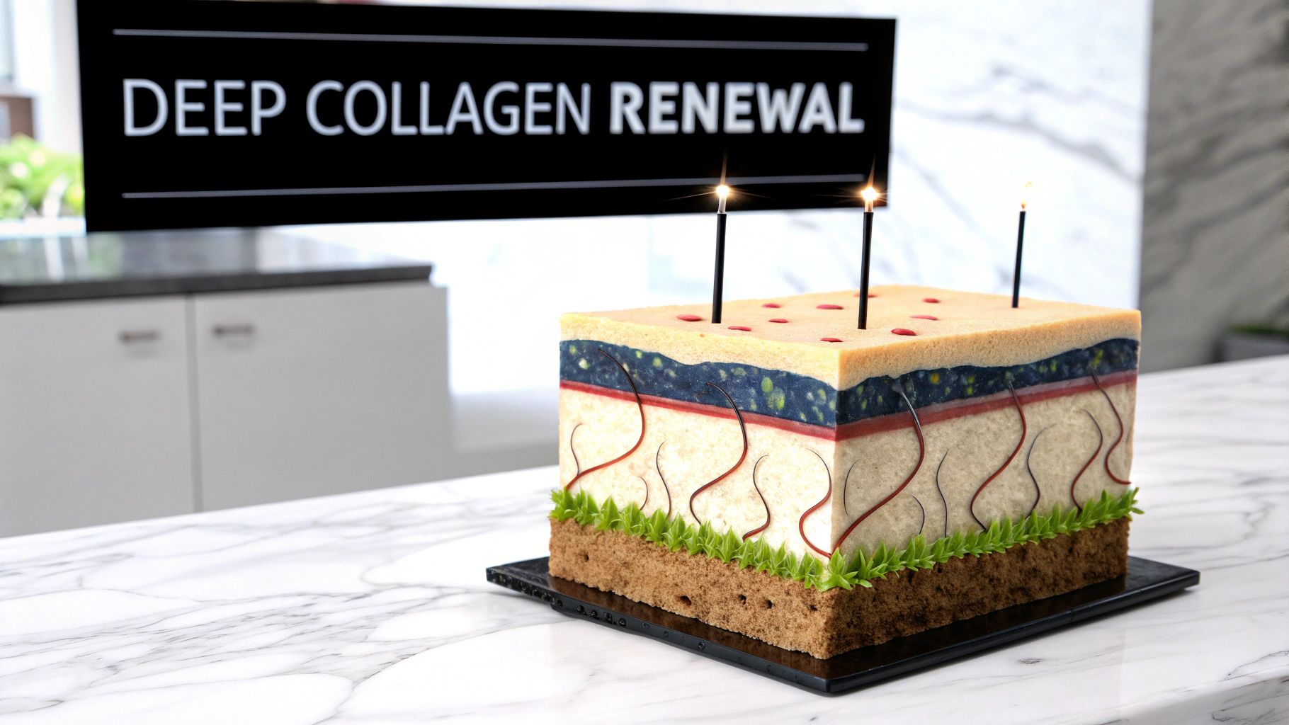 A cake shaped like a skin cross-section with candles and a 'DEEP COLLAGEN RENEWAL' sign.