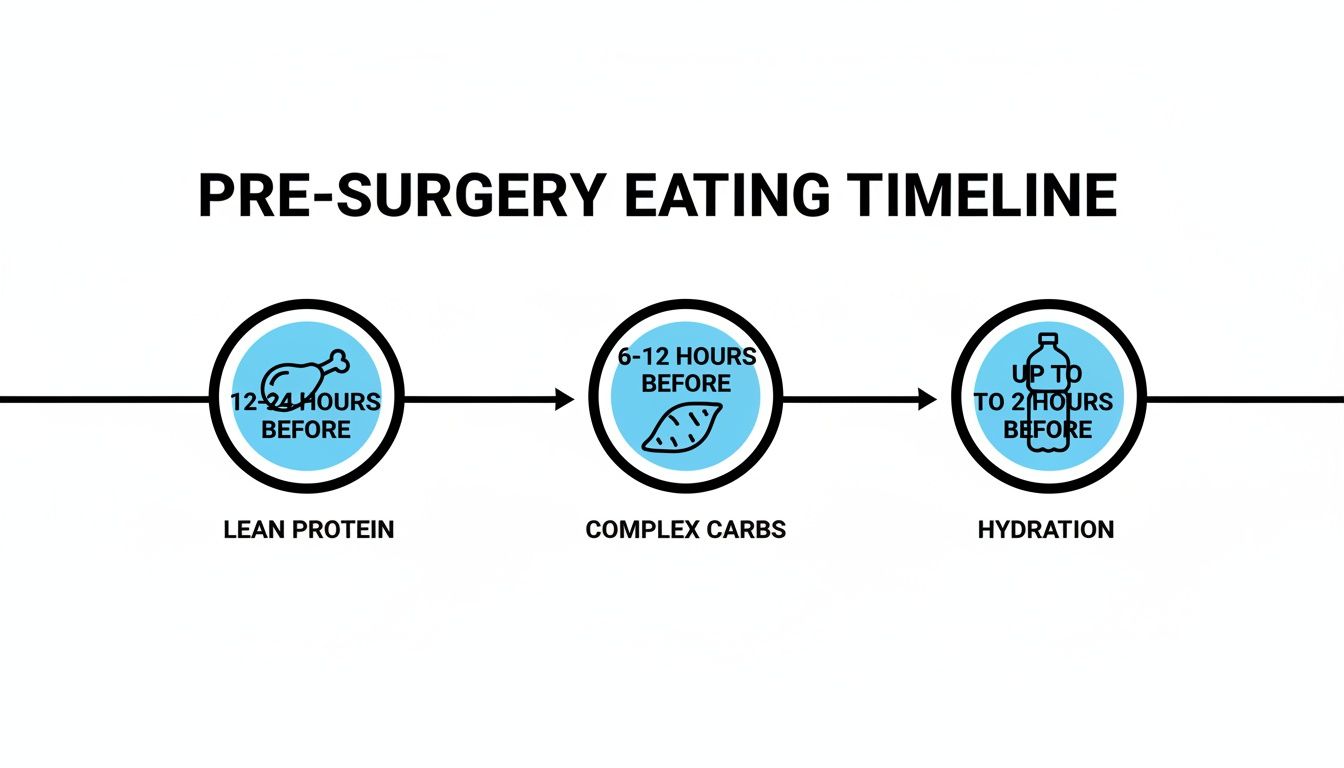 Visual timeline illustrating pre-surgery eating guidelines: lean protein, complex carbs, and hydration before an operation.
