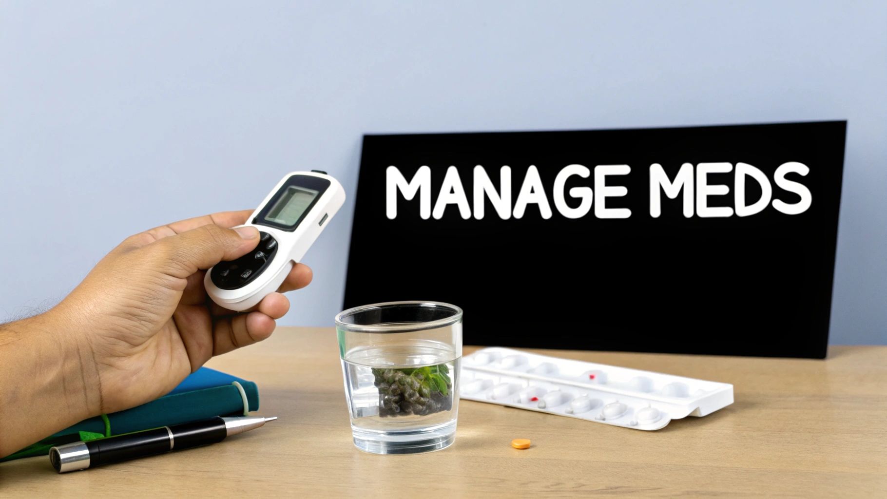 A hand holds a medical device with a 'MANAGE MEDS' sign, water, and pills.