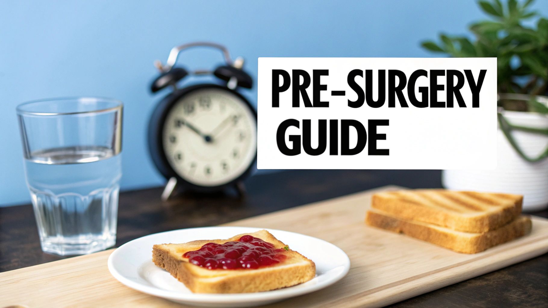 A pre-surgery guide title card, showing toast with jam, water, and an alarm clock.