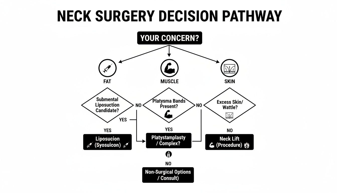 Neck surgery decision pathway flowchart guiding procedures based on fat, muscle, or skin concerns.