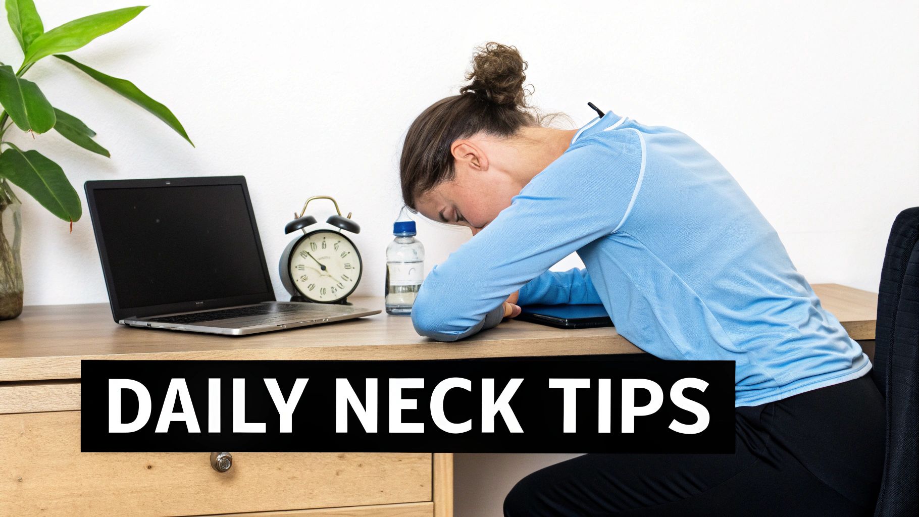 A person rests their head on a desk with a laptop, alarm clock, water bottle, and plant.