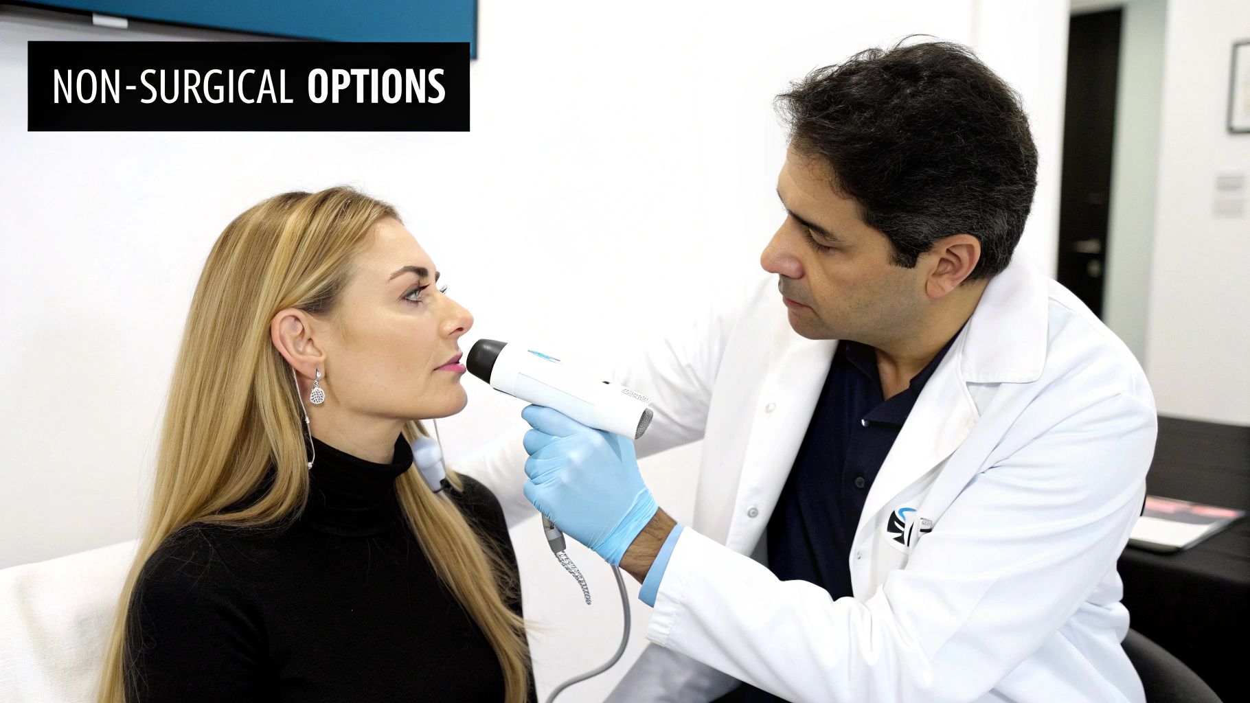 Doctor in lab coat and gloves performing non-surgical facial treatment on a female patient.