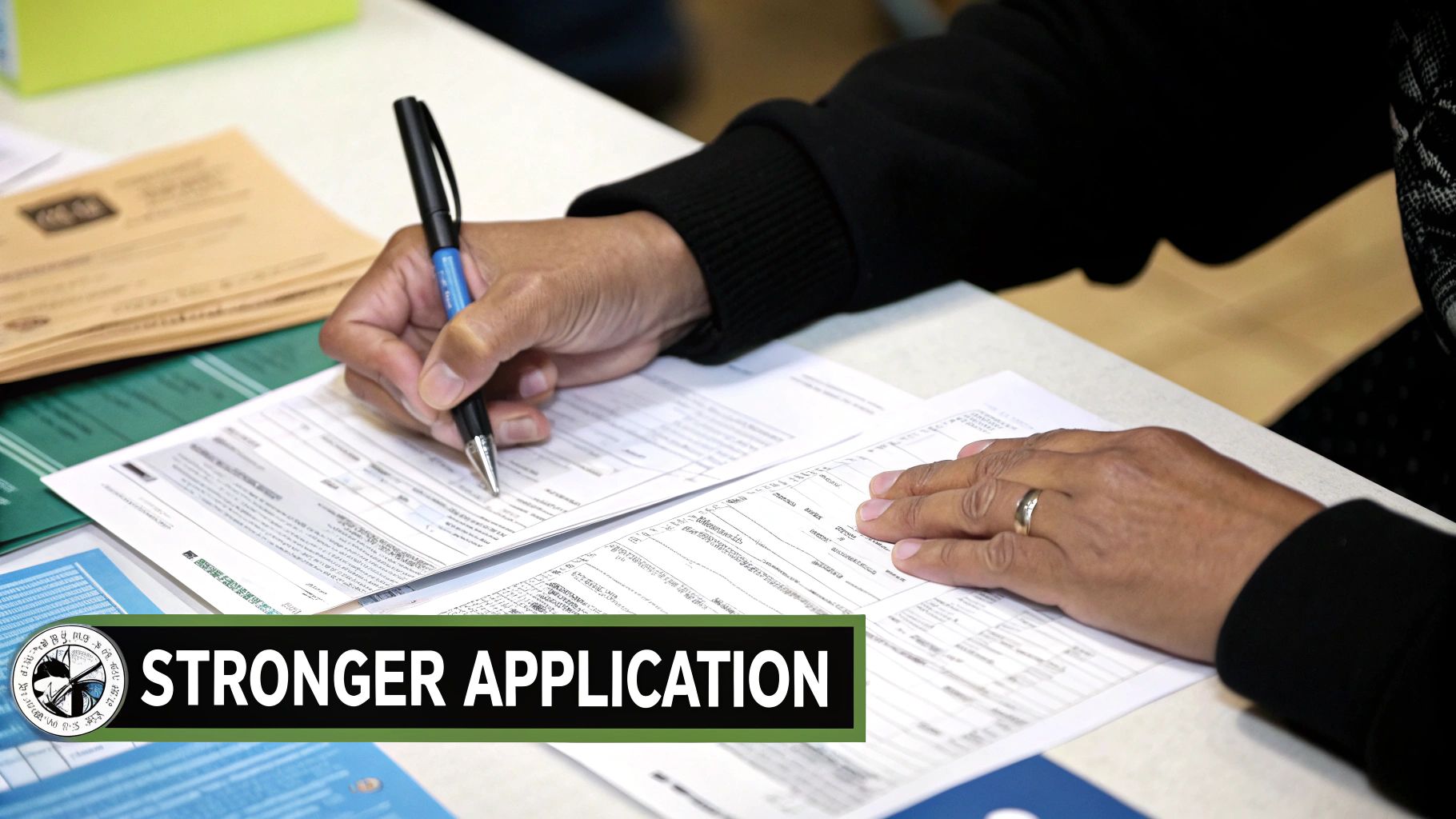 A person's hands diligently fill out an application form with a pen on a table.