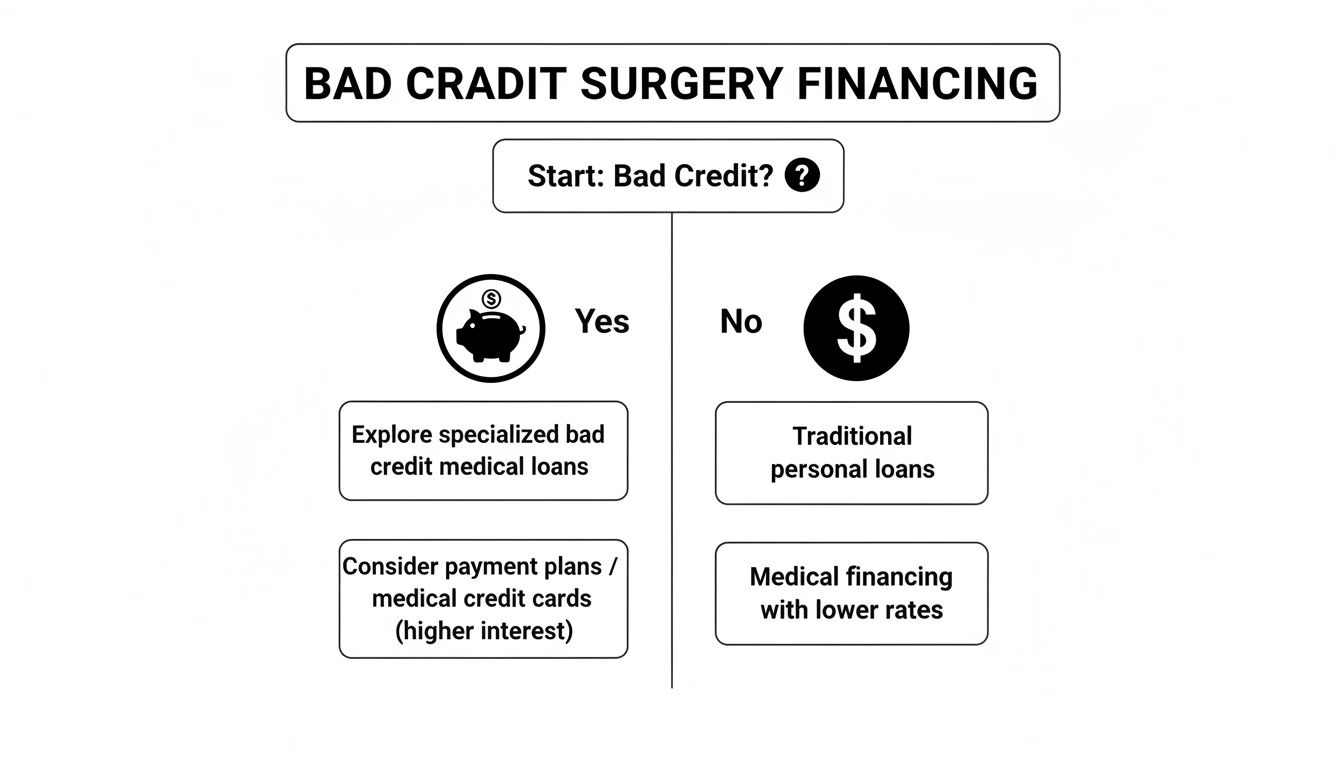 Infographic on bad credit surgery financing, outlining options for individuals with and without bad credit.