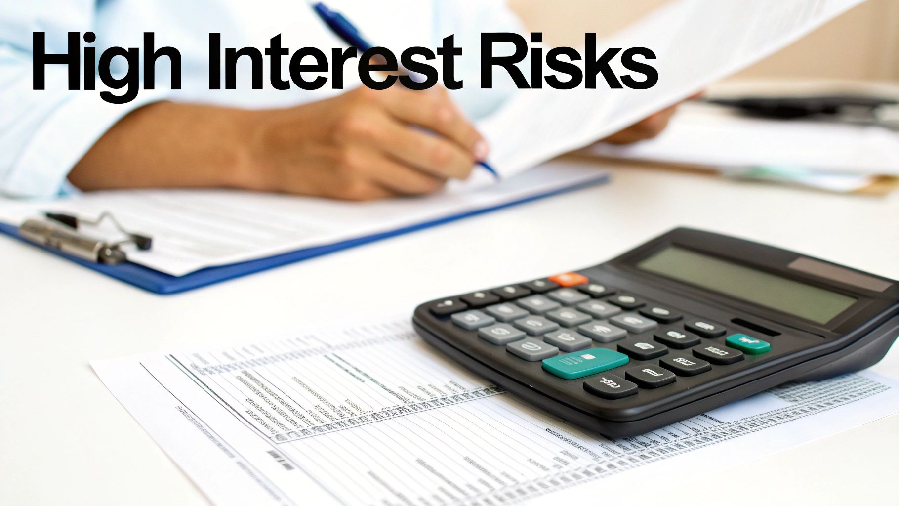 A person calculates financial risks on a desk with a calculator and papers, text 'High Interest Risks'.
