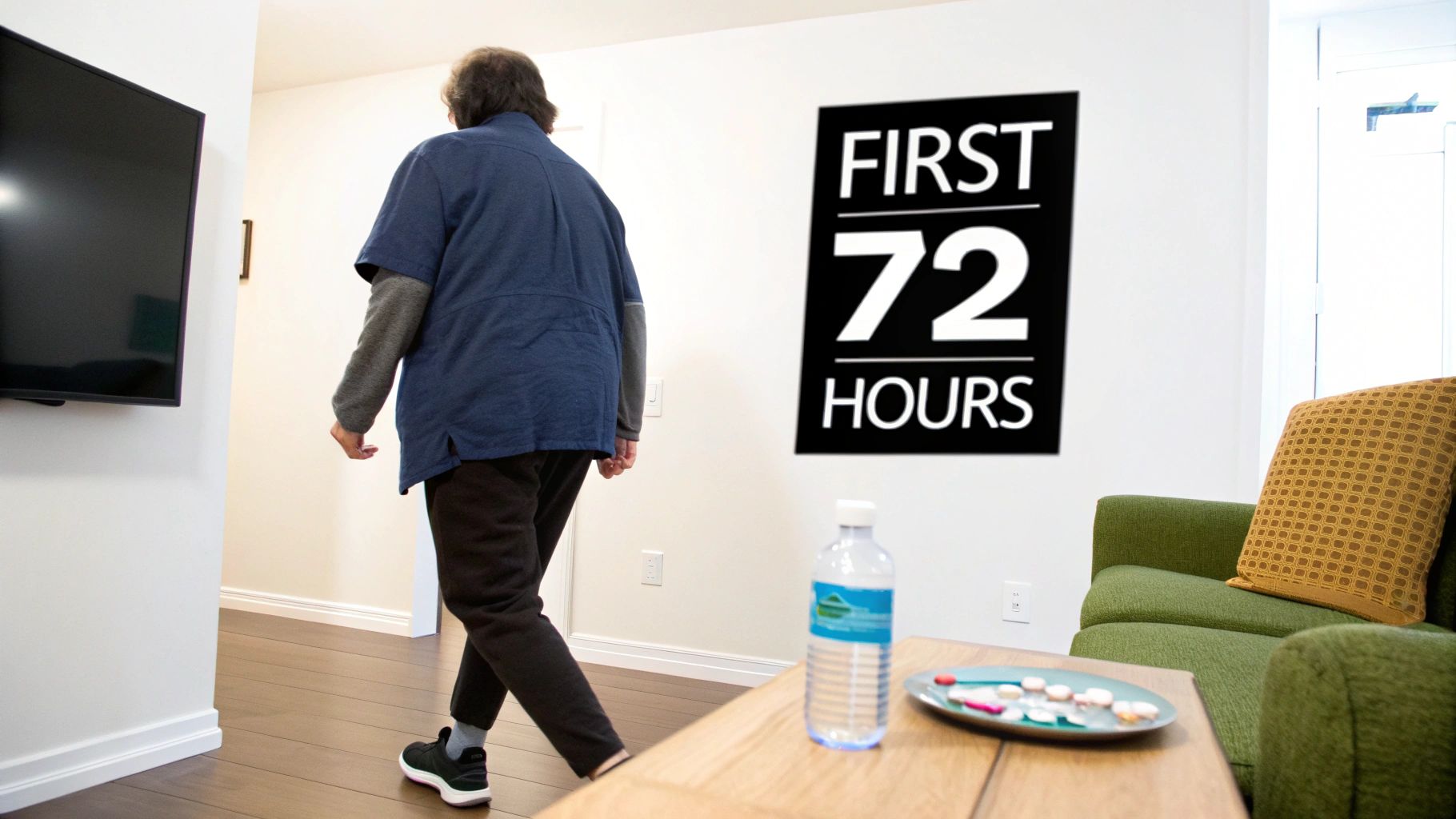 A person walks past a wall with a 'FIRST 72 HOURS' sign, near a table with pills and water.