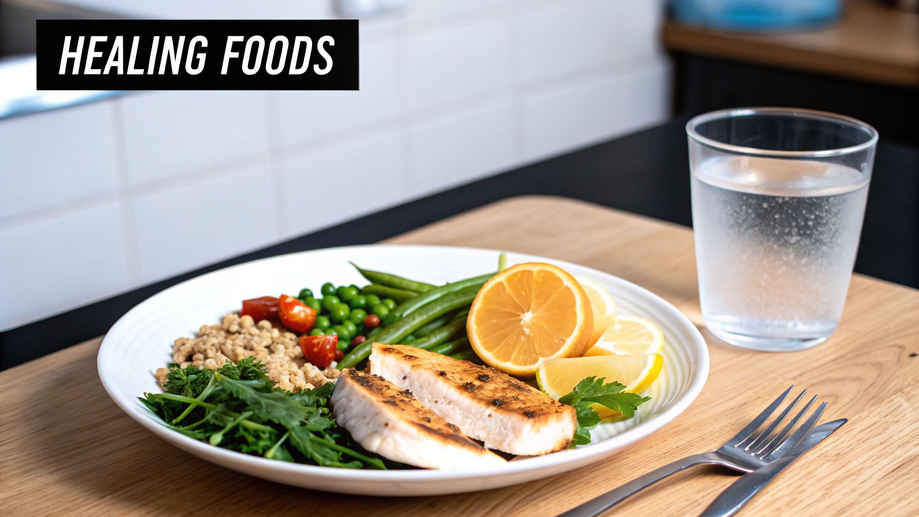 A healthy meal with grilled fish, vegetables, grains, citrus, and water, promoting healing.