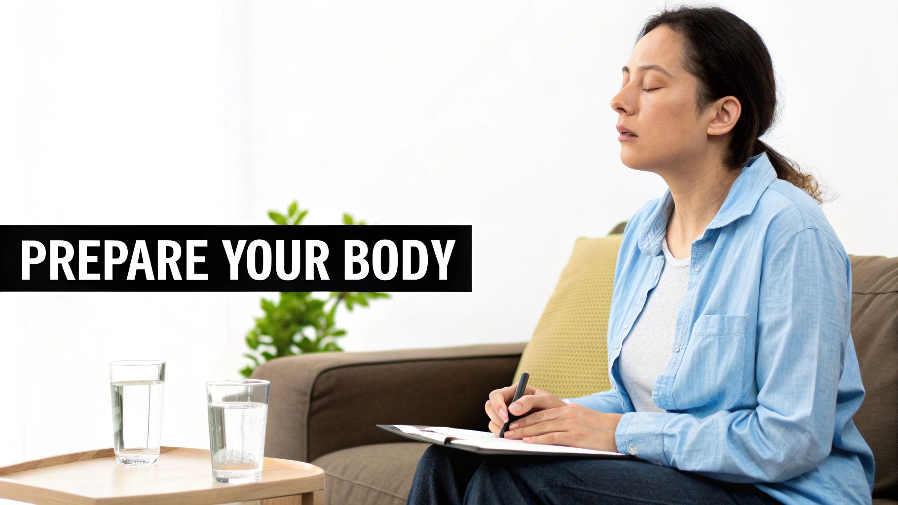 A woman with closed eyes meditates, holding a clipboard and pen, next to glasses of water, with text 'PREPARE YOUR BODY'.