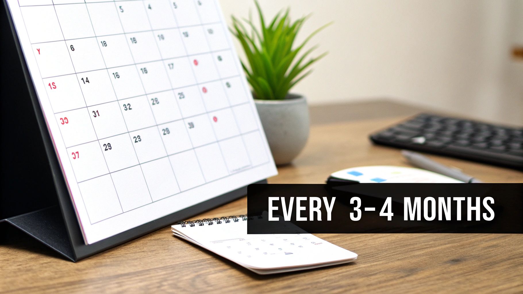 A desk calendar showing a month with numbers, a small plant, and text 'EVERY 3-4 MONTHS'.