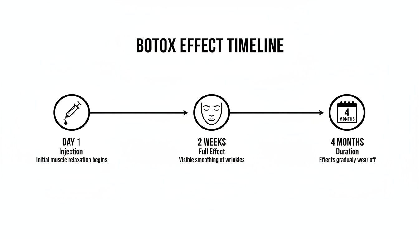 Botox effect timeline showing injection on Day 1, full wrinkle smoothing by 2 weeks, and effects lasting up to 4 months.