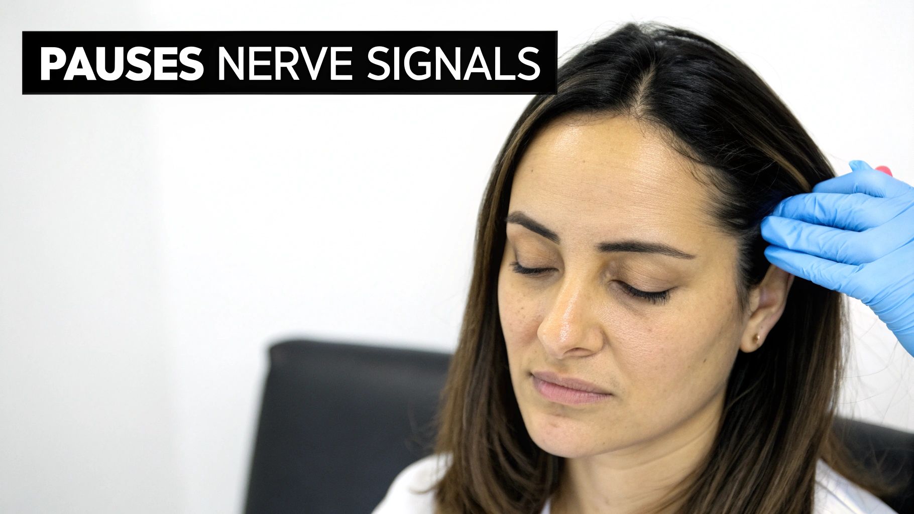 A woman with closed eyes is touched on the temple by a gloved hand, with text 'PAUSES NERVE SIGNALS'.