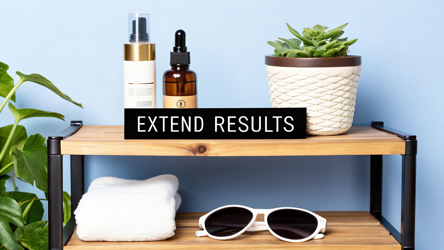 A two-tier wooden shelf displaying skincare products, a potted plant, and a sign saying "EXTEND RESULTS".