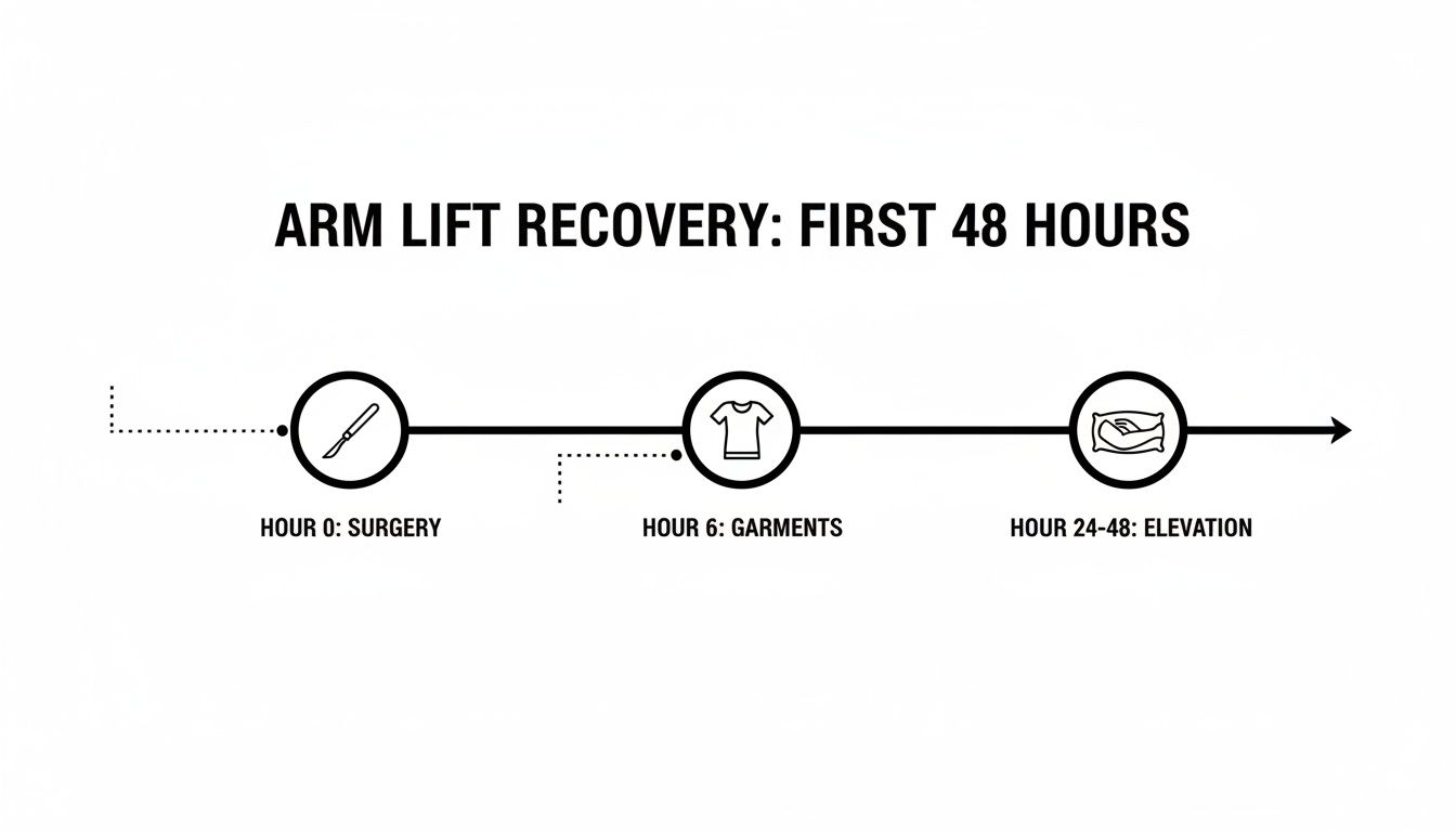Timeline illustrating the first 48 hours of arm lift recovery with icons for surgery, garments, and elevation.